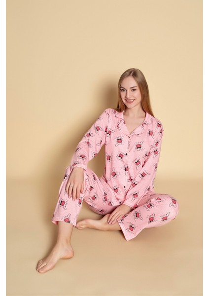 Kadın Desenli Uzun Kol Gömlek Pijama Takımı