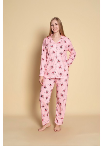 Kadın Desenli Uzun Kol Gömlek Pijama Takımı