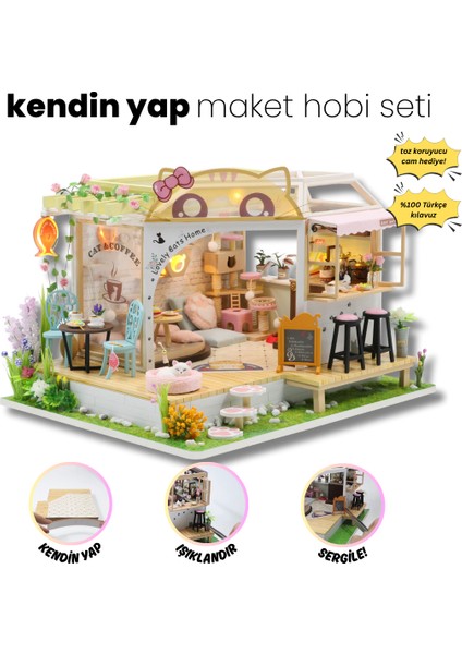 Kendin Yap Minyatür Kedi Temalı Kafe – LED Işıklı Ahşap Maket Ev | Kendin Yap DIY Hobi Seti | Tozluk Korumalı El Yapımı 3D Puzzle