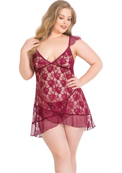 Aria's Closet Büyük Beden Bordo Kısa Tül Gecelik