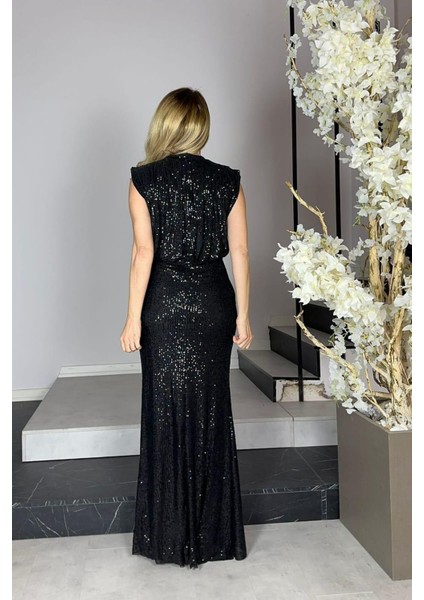 G1285 Drape Detaylı Payet Abiye Elbise Siyah
