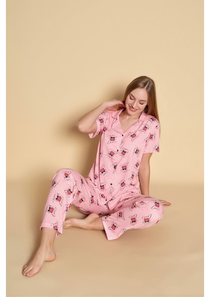 Kadın Desenli Kısa Kol Gömlek Pijama Takımı