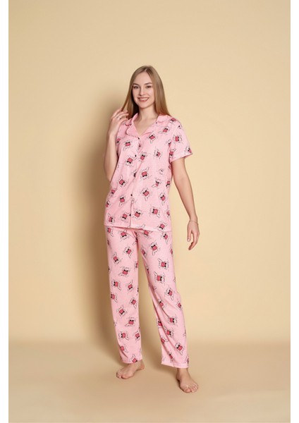 Kadın Desenli Kısa Kol Gömlek Pijama Takımı