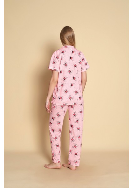 Kadın Desenli Kısa Kol Gömlek Pijama Takımı