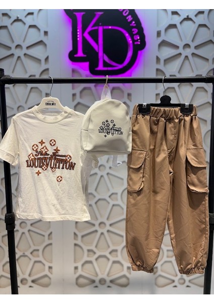 Baskılı Tişört Lv Paçaları Lastikli Pantolon ve Çanta 3'lü Alt Üst Takım Unisex Kız ve Erkek Çocuk