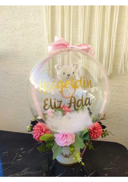 Pembe Beyaz Çiçek Buketi Bebek Çıngırak Doğum Hediye Kutusu Sepeti
