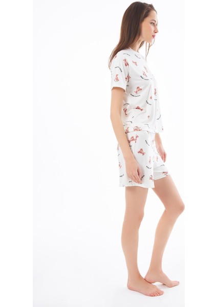 Premium Yazlık Şortlu Kadın Pijama Takımı Ayıcık Desenli Yumuşak Dokulu Bisiklet Yaka Kısa Kollu modelleri