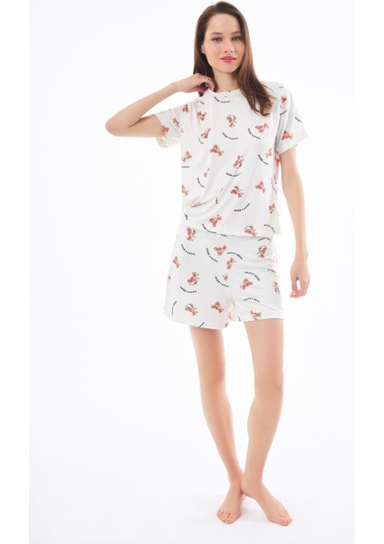 Premium Yazlık Şortlu Kadın Pijama Takımı Ayıcık Desenli Yumuşak Dokulu Bisiklet Yaka Kısa Kollu fırsatları
