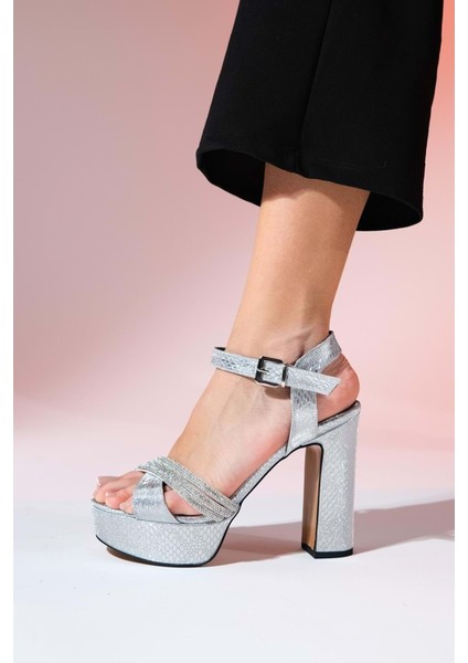 Feles Çapraz 13 cm Yüksek Platform Topuklu Taşlı Kadın Abiye Ayakkabı