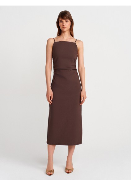 91479 Büzgülü Midi Elbise-Kahve