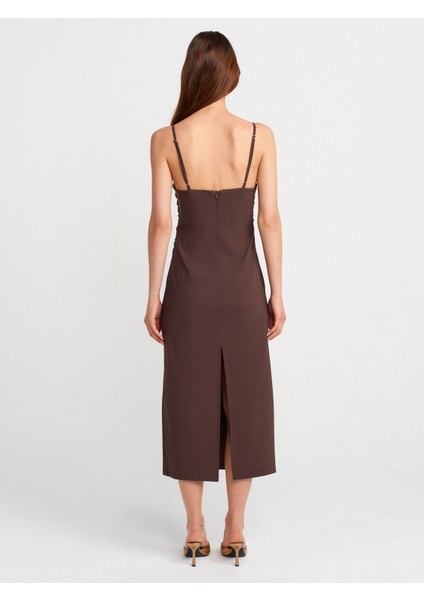 91479 Büzgülü Midi Elbise-Kahve fiyatları