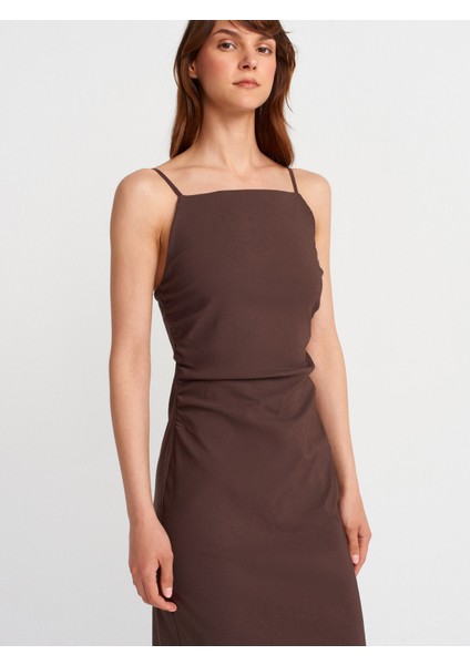 91479 Büzgülü Midi Elbise-Kahve fırsatları