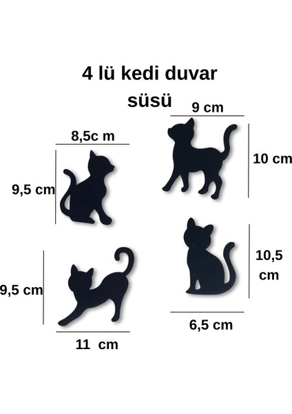 Dekoratif 4'lü Kedi Duvar Süsü Duvar Dekorasyon Şirin Dekoratif Ürünler - Siyah Ahşap Mdf fiyatları