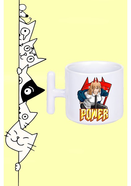 Power Karakter Chaınsaw Man Anime Tasarım Baskılı Beyaz T Sap Kupa Bardak