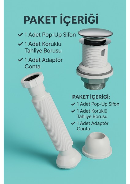 Pop-Up Lavabo Sifon Seti – Taşmalı Uyumlu, Körüklü Tahliye ve Adaptör Conta Dahil