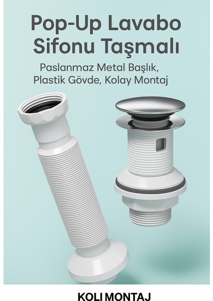 Pop-Up Lavabo Sifon Seti – Taşmalı Uyumlu, Körüklü Tahliye ve Adaptör Conta Dahil