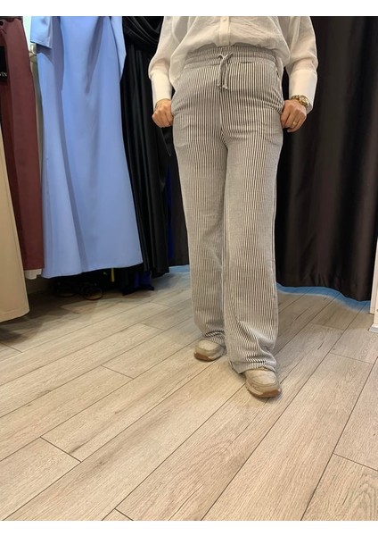 Su Yolu Çizgili Keten Karışımlı Torba Kumaş Pantolon
