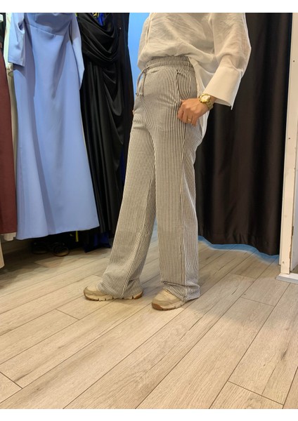 Su Yolu Çizgili Keten Karışımlı Torba Kumaş Pantolon