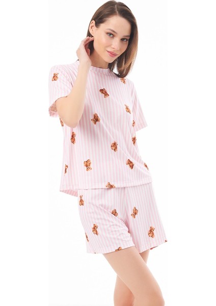 Premium Yazlık Şortlu Kadın Pijama Takımı Krem Ayıcık Desenli Yumuşak Dokulu Bisiklet Yaka Kısa Kollu