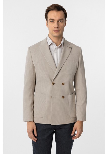 Dar Kalıp Gofre Desenli Esnek Bej Tek Ceket