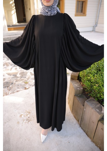 Büzgü Detaylı Cilbab Elbise Kol Ağzı Lastikli Medine Ipeği modelleri