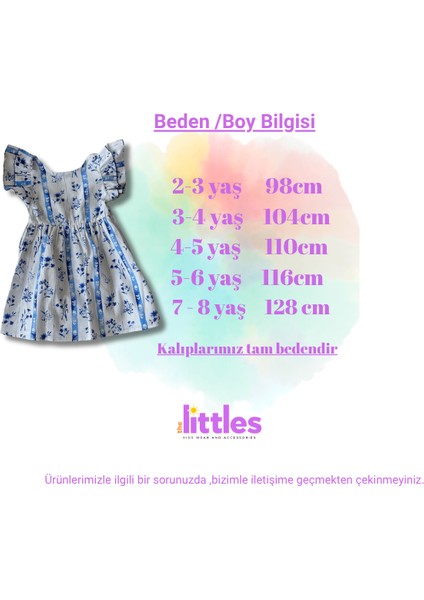 Kız Çocuk Mavi Beyaz Çiçekli Arkası Düğmeli Kolları Fırfırlı Beli Lastikli Pamuklu Dokuma Elbise modelleri