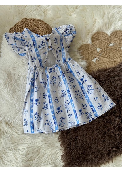 Kız Çocuk Mavi Beyaz Çiçekli Arkası Düğmeli Kolları Fırfırlı Beli Lastikli Pamuklu Dokuma Elbise
