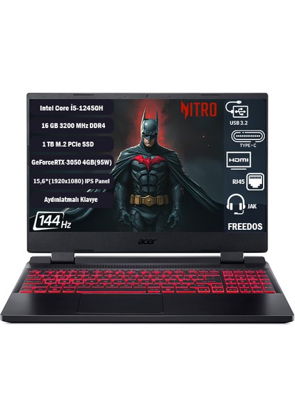 Nitro5 AN515-58 I5-12450H 16GB 1 Tb SSD RTX3050-4GB 15.6" IPS Fhd 144Hz Freedos NH.QFJEY.007+161