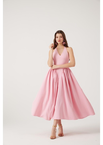 Boyundan Bağlamalı Bele Oturan Uzun Ophelia Elbise Pembe