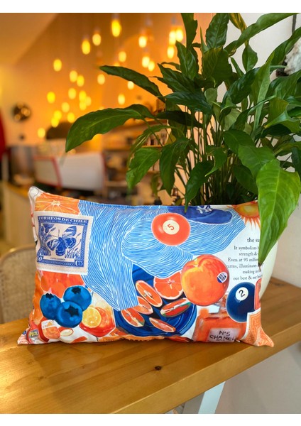 Yaz Temalı Turuncu - Mavi Süet Çift Taraflı Dijital Baskı Dekoratif Kırlent Kılıfı - 30 x 50 cm