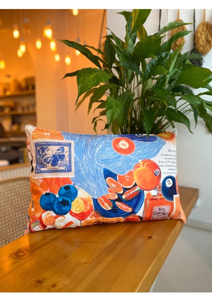 Yaz Temalı Turuncu - Mavi Süet Çift Taraflı Dijital Baskı Dekoratif Kırlent Kılıfı - 30 x 50 cm