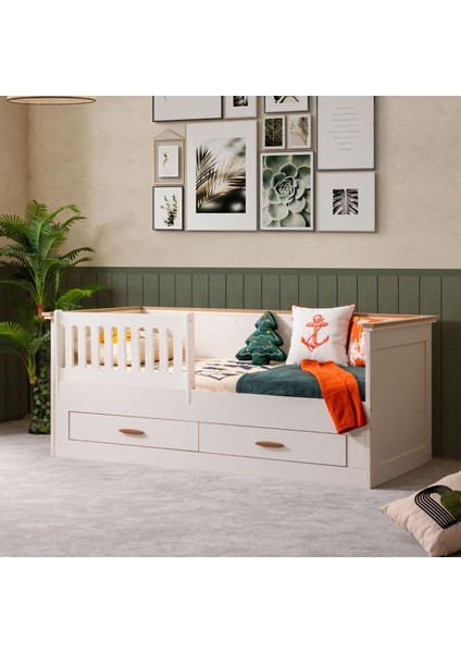 Montessori Karyola , Roma Açılır Korkuluklu Çekmeceli Montessori Karyola Comfort Yatak