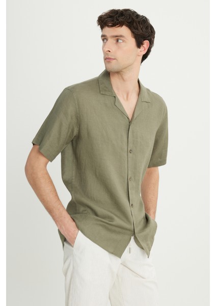 Keten Comfort Fit Rahat Kesim Hawai Yaka Gömlek