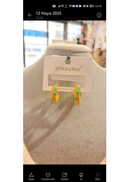 Turuncu Renk Yeşil Detaylı Vintage Küpe