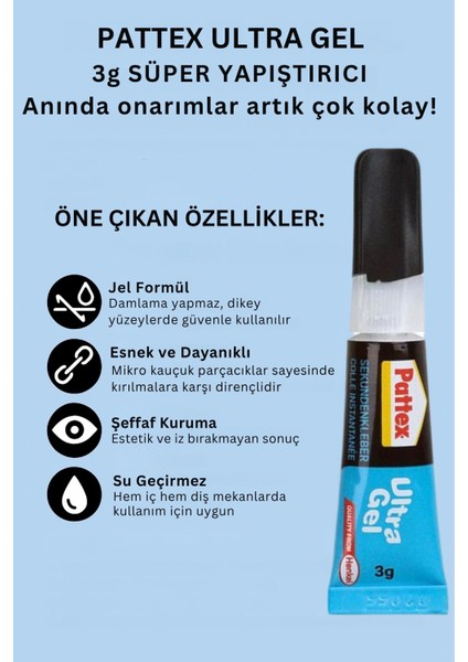 Pattex Ultra Gel Süper Japon Yapıştırıcı– Suya ve Darbeye Dayanıklı, Çok Amaçlı Hızlı Tutkal, 3 gr