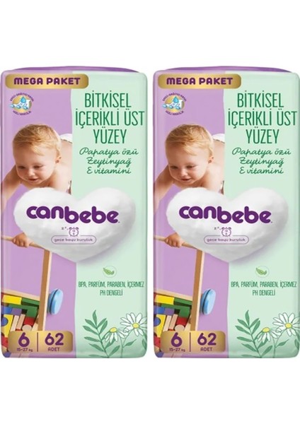Bebek Bezi x 2 Mega Paket 6 Beden Xl 15- 27KG 62'li