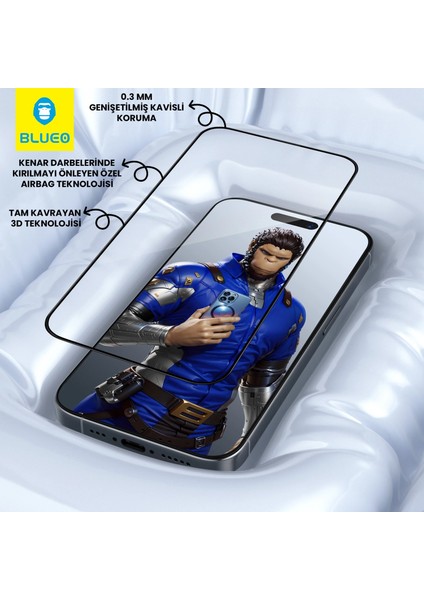 3D Airbag iPhone 16 Uyumlu Kenar Darbelere Dirençli Tam Kavrayan Kavisli Cam Ekran Koruyucu