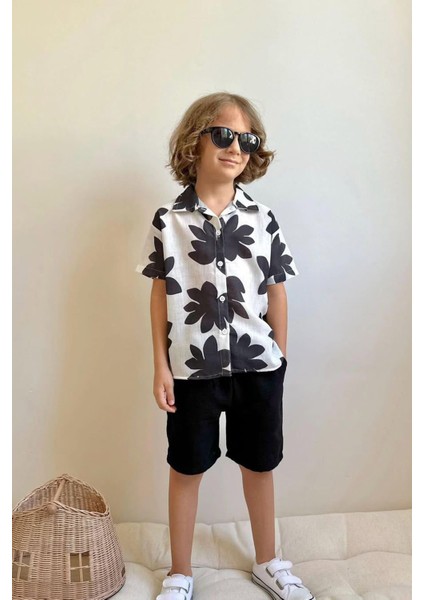 Yaprak Desenli Müslin Şortlu Erkek Çocuk takım - Siyah