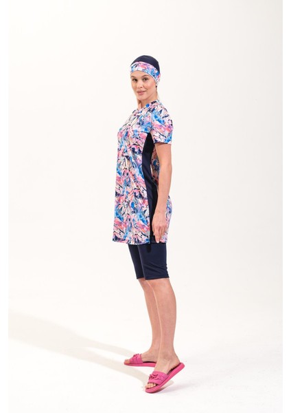 2260_KADIN 4'lü Takım Yarı Kapalı Boneli Büstiyerli Deniz/havuz Tesettür Mayosu