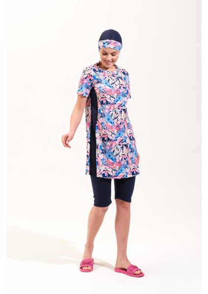 2260_KADIN 4'lü Takım Yarı Kapalı Boneli Büstiyerli Deniz/havuz Tesettür Mayosu modelleri