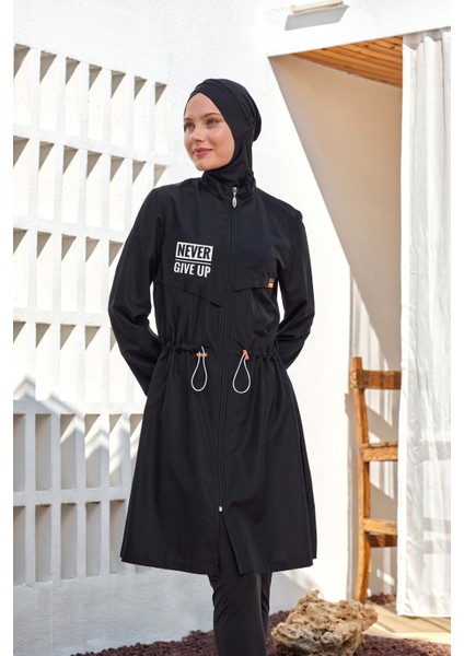 Ever Uzun Kollu Neon Detaylı Fermuarlı Tam Tesettür Mayo 1402-25 Siyah