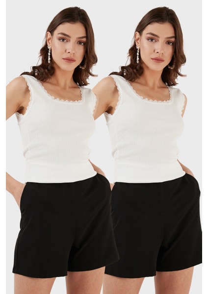 Slim Fit Kalın Dantelli Kare Yaka Bürümcük 2'li Paket Atlet Bayan Atlet 5864979S2