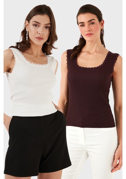 Slim Fit Kalın Dantelli Kare Yaka Bürümcük 2'li Paket Atlet Bayan Atlet 5864979S2