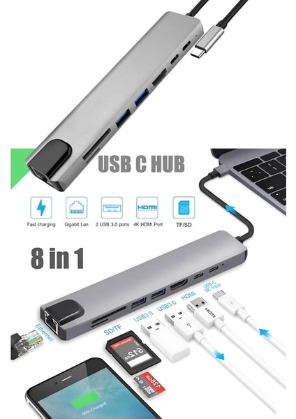 8 In 1 Type C Hub HDMI Dönüştürücü Apple Macbook Pro/air iPhone iPad Matebook Uyumlu Çevirici Çoğaltıcı Ethernet RJ45 Sd Tf USB Type C Hub