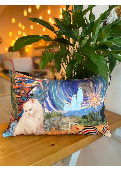 Kedi Desenli Süet Çift Taraflı Dijital Baskı Dekoratif Renkli Kırlent Kılıfı - 30 x 50 cm