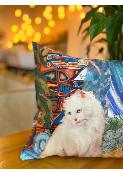 Kedi Desenli Süet Çift Taraflı Dijital Baskı Dekoratif Renkli Kırlent Kılıfı - 30 x 50 cm