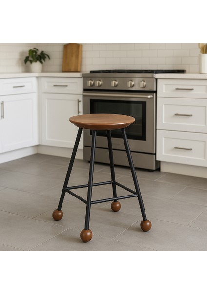 Tabure Ahşap Siyah Metal Ayaklı – 55CM