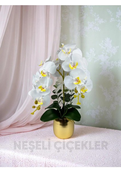 Yapay Çiçek Beyaz Islak Orkide 55 cm Lüks Gold Metal Saksıda Dekoratif Hediye Yapay Salon Çiçeği fiyatları
