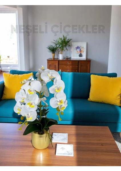 Yapay Çiçek Beyaz Islak Orkide 55 cm Lüks Gold Metal Saksıda Dekoratif Hediye Yapay Salon Çiçeği modelleri