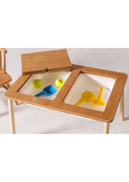 Montessori Aktivite Masası Çift Hazneli Masa Kayın Ahşap Vernikli